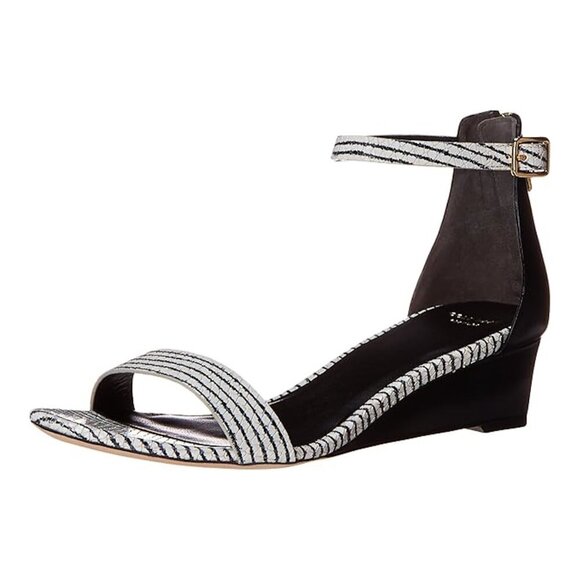 COLE HAAN Rossi Striped White Black Leather Wedge Sandal Ankle Strap Zip - Picture 1 of 11